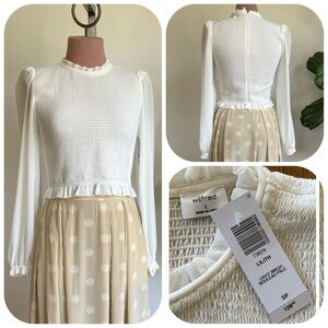 NWT Wilfred White Lilith Smocked Blouse Top with Sheer peplum and Long Sleeves